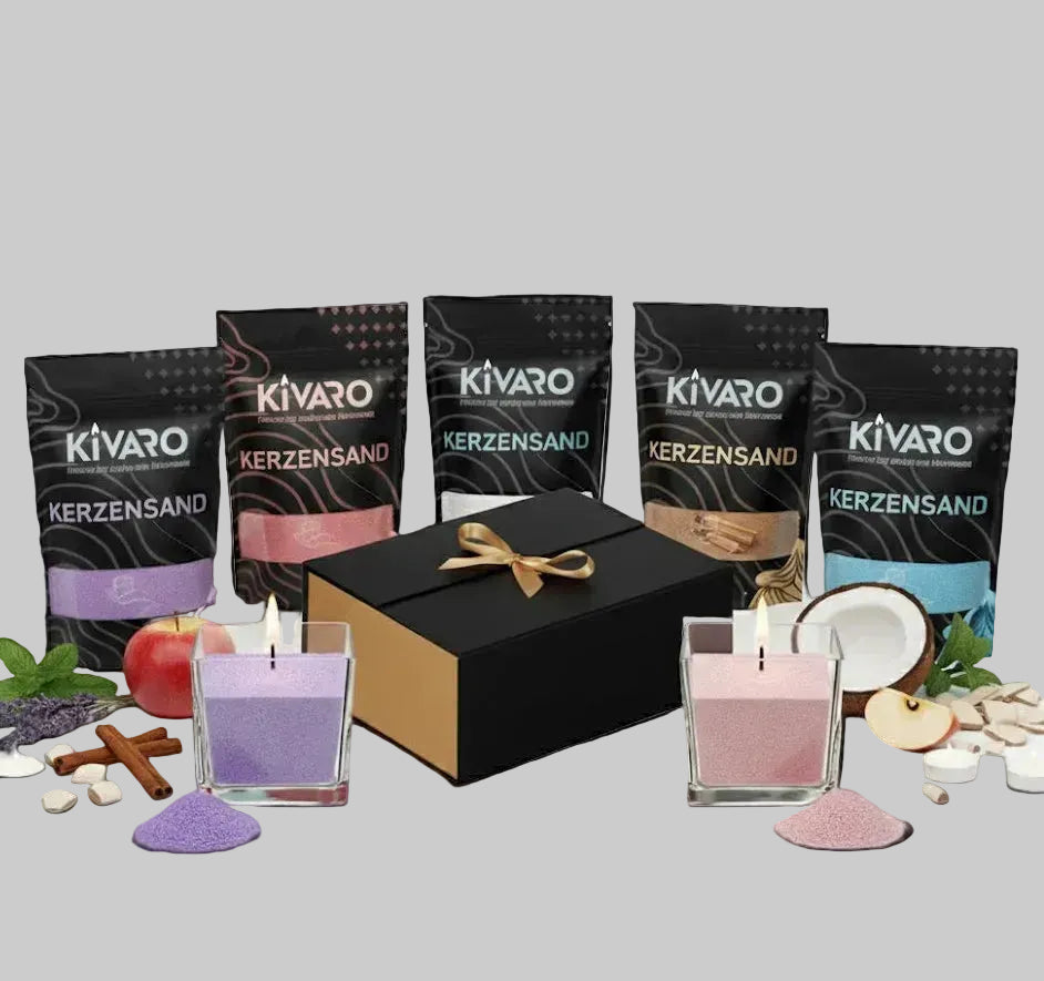 Kerzensand Geschenkbox – 5 Düfte nach Wahl mit 2 Gläsern
