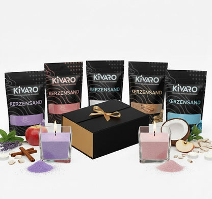 Kerzensand Geschenkbox – 5 Düfte nach Wahl mit 2 Gläsern